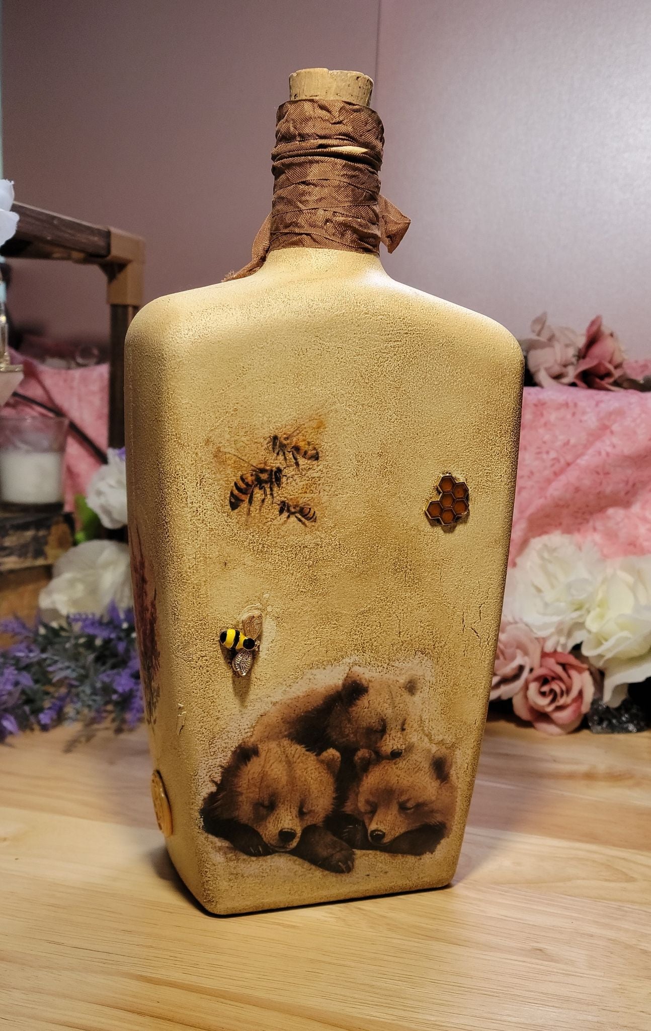 Brown Bear Family Decoupage Bottle — One of a Kind