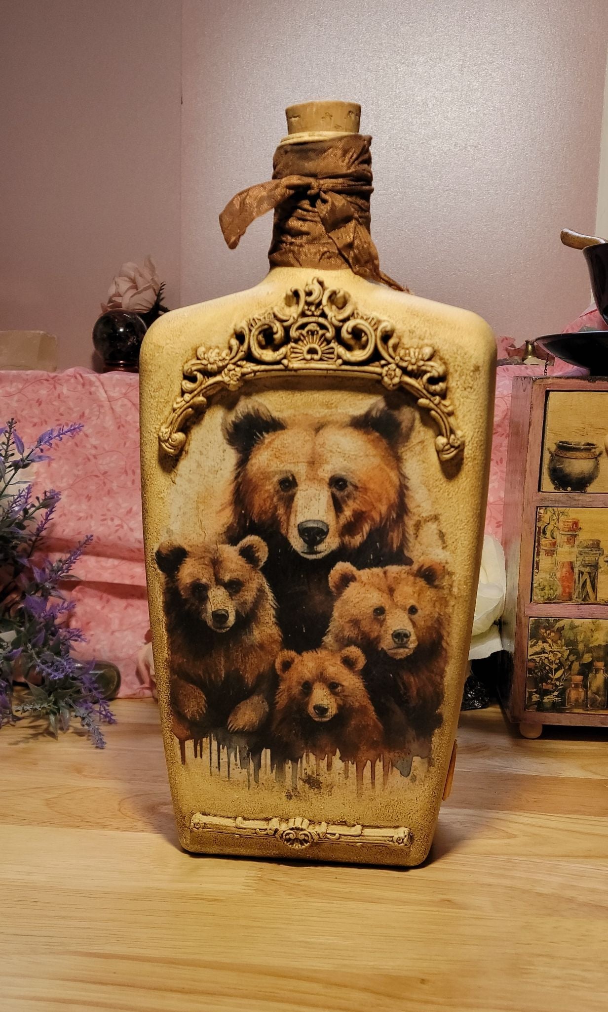 Brown Bear Family Decoupage Bottle — One of a Kind