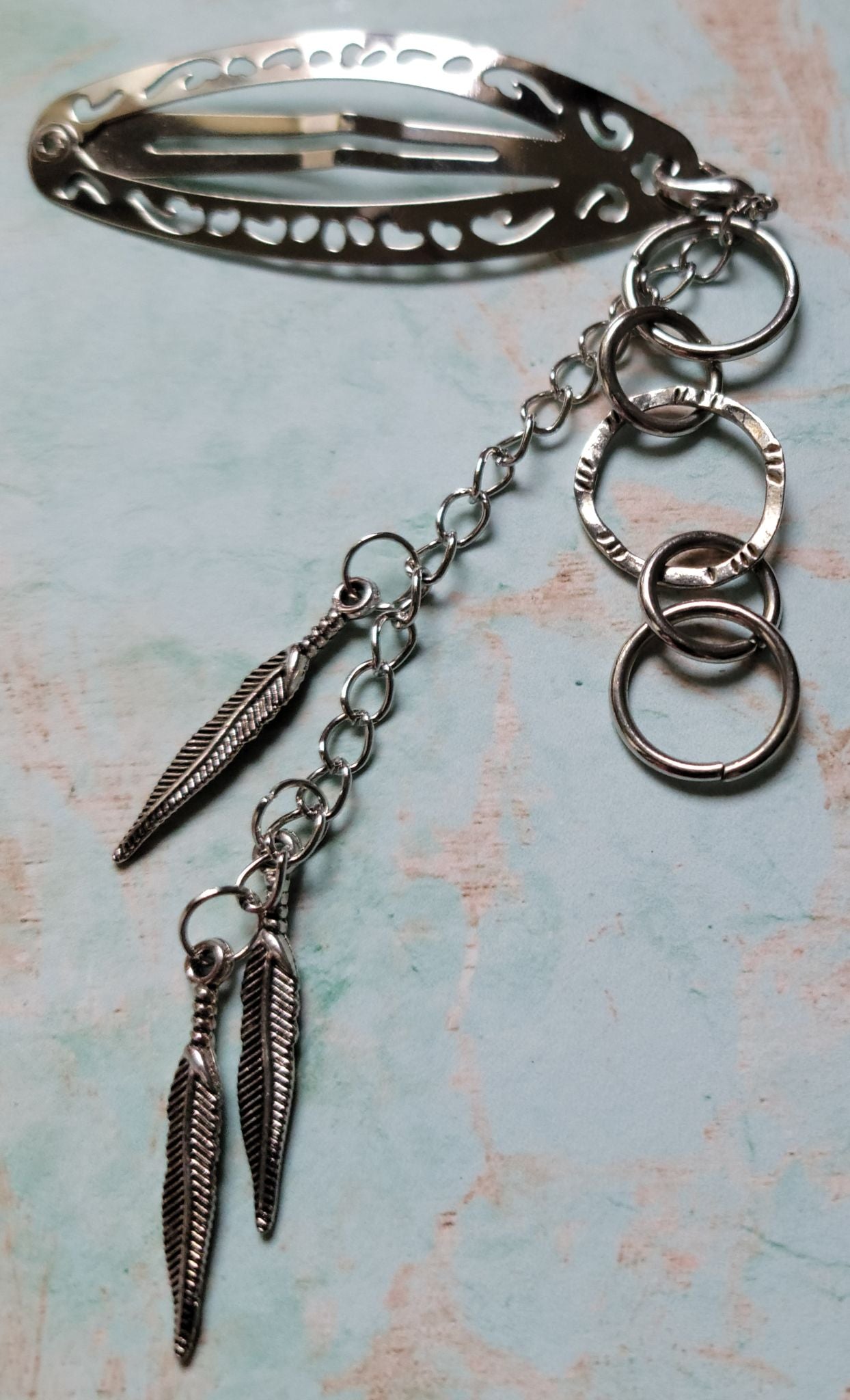 Handmade Feather Charm Hair Clip — Silver Filigree Clip with Chain & Feather Pendants