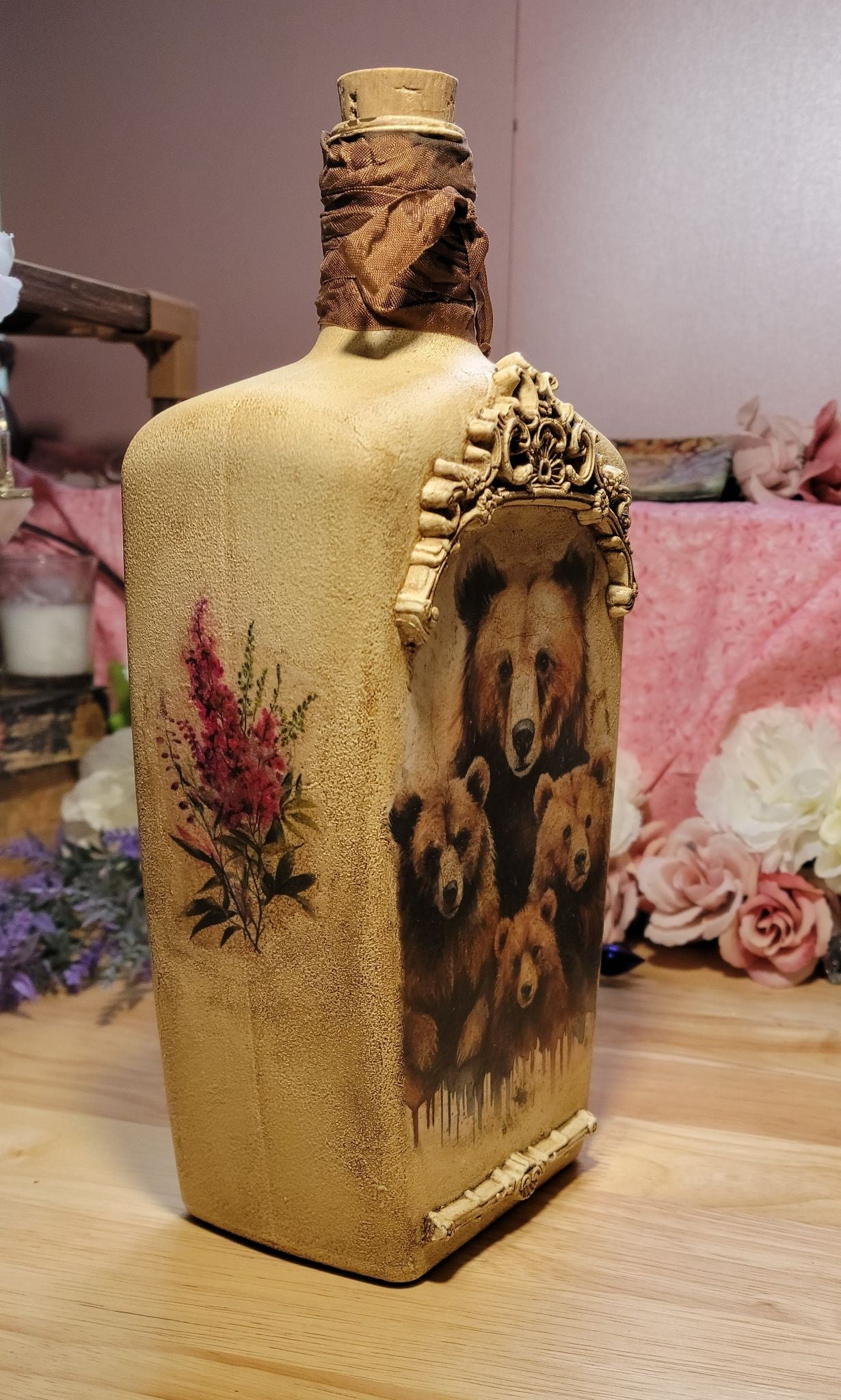 Brown Bear Family Decoupage Bottle — One of a Kind