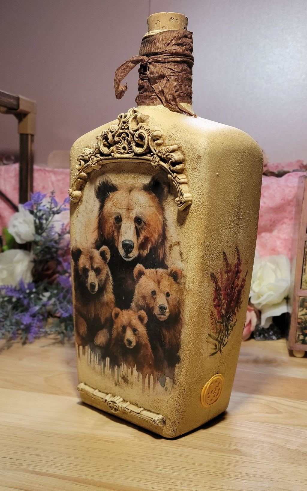 Brown Bear Family Decoupage Bottle — One of a Kind